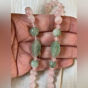 Rose Quartz &‎ Green Jade Hand Knotted Necklace Vintage